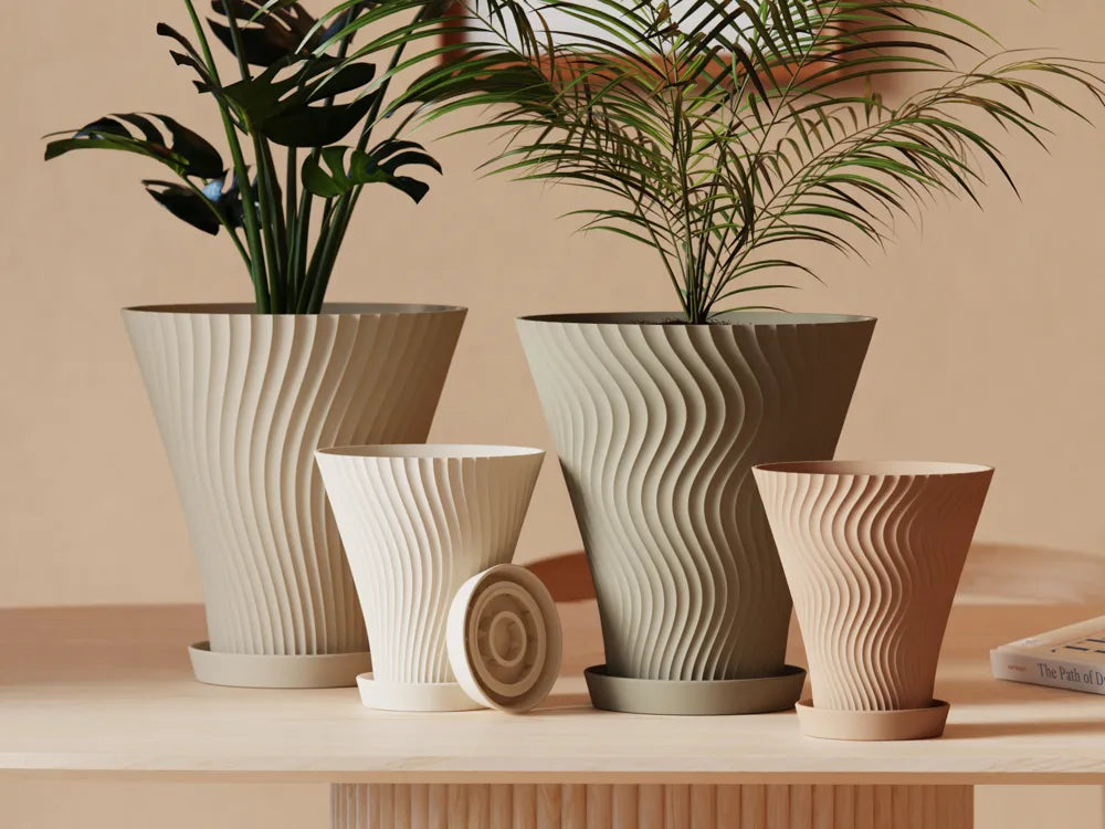 Scandi-Style Rippled Flower Pot with Drainage Tray