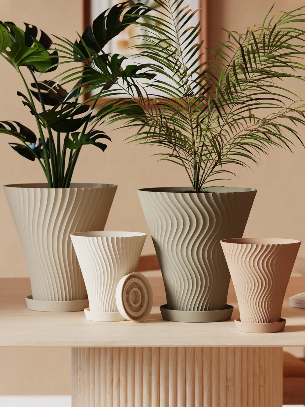 Scandi-Style Rippled Flower Pot with Drainage Tray