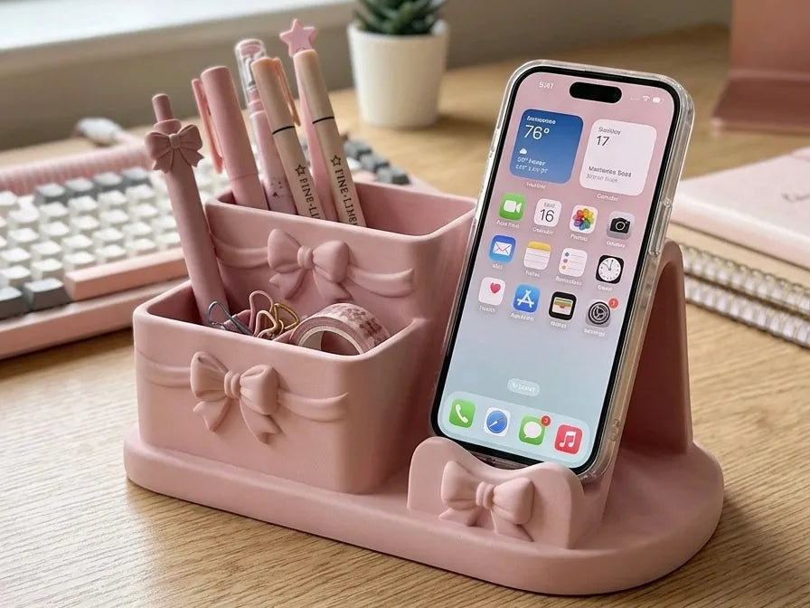 Cute Coquette Bow Desk Organizer with Phone Stand